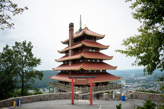 Overview of an Asian Pagoda looking over a forest and city.