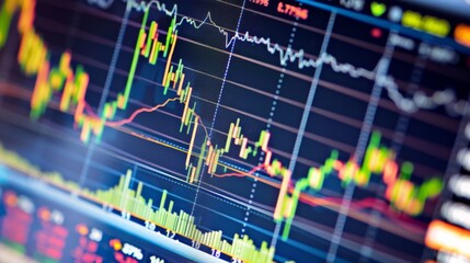 A close-up of a computer screen showing a stock market graph with fluctuating prices and trends