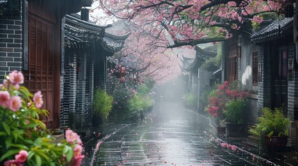 A tranquil rainy alley, traditional ancient Chinese brick and tile houses, lush green leaves blossoms, reflective wet ground. Rain gently falling, muted colors with cherry blossoms. Generative AI.