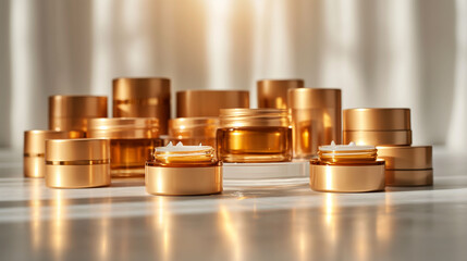 The beauty of luxurious skincare products, golden jars in sunlight, moisturizing cream containers in focus, luxury beauty concept