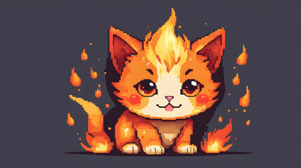 cute pixel art cat made of fire, cartoon-style, bright warm colors, endearing facial expression