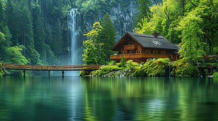 Fototapeta premium Beautiful green forest, wooden house and water falls in the background, beautiful blue lake with long bridge over it. Generative AI.