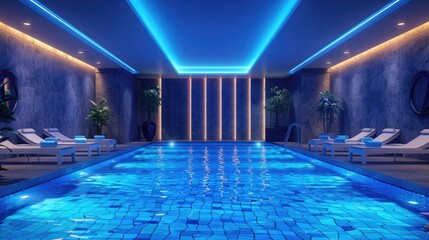 Obraz premium A luxurious indoor swimming pool with modern lighting, lounge chairs, and plants, creating a tranquil and upscale atmosphere