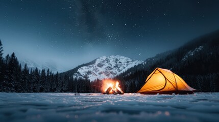 A single glowing tent beside a warm campfire in the enchanting snowy mountainous area with a starry night sky, depicting peaceful solitude and adventure.
