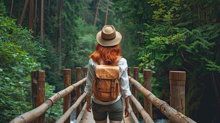 A red-haired woman wearing a hat and backpack, walking on a wooden bridge in a dense forest
