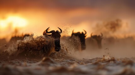 Naklejka premium Captured against a dramatic sunset, a group of gnus charges through the river, exemplifying their strength and resilience during their harrowing trek.