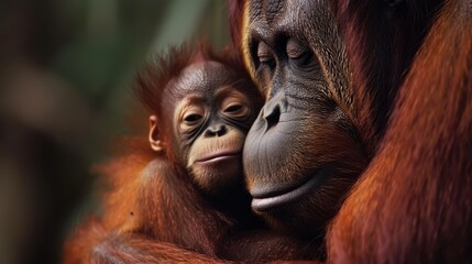 Obraz premium A deeply tender moment captured as an orangutan, with soft reddish fur, cradles another, conveying profound warmth, affection, and familial love in the wild.