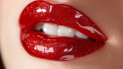 A close-up of lips with a glossy finish, capturing the shine and smooth texture of a high-gloss lipstick