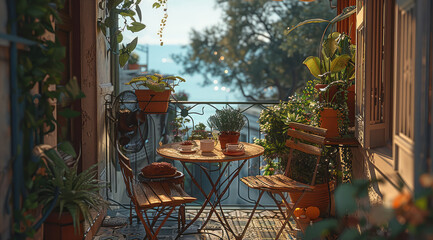 A small table on a balcony shaded by an awning, with a cool breeze from a fan, a sweet dessert, and a view blending evening and morning. This place is located on a higher floor. Generative AI.
