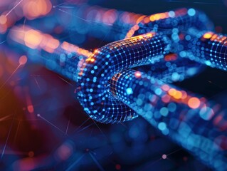 Abstract Digital Chain Link with Glowing Network and Bokeh Lights
