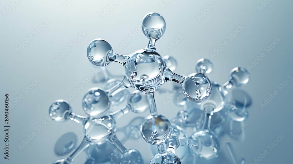 Wall mural abstract glass molecule model on blue background, 3d illustration