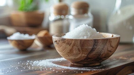 Fototapeta premium White sugar in a wooden bowl, showcasing rustic and natural food ingredients