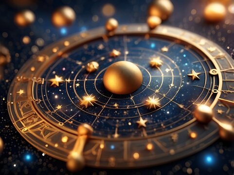 Golden celestial chart featuring planets and stars on a vibrant blue background, perfect for astronomy websites, educational materials, or posters.