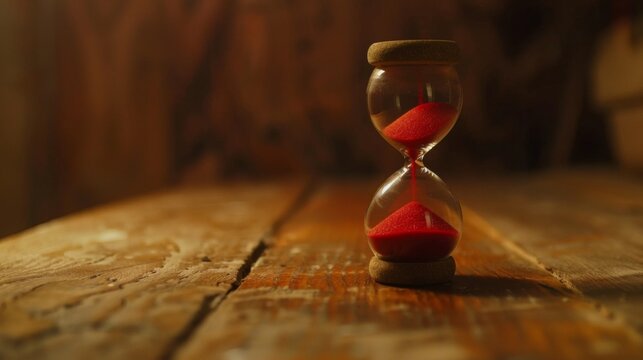 A close-up view of a small hourglass with red sand, countdown and urgency concept