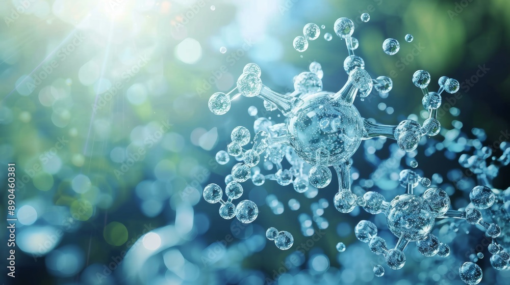 Wall mural abstract molecular structure with sunbeams and bokeh background