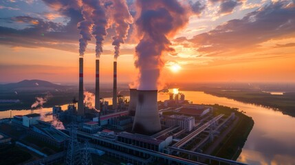 A coal-fired power plant at sunset, with a dramatic sky and industrial landscape, emphasizing traditional energy sources