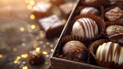 a set of gourmet chocolates arranged in a decorative box, warm brown background with lens flare
