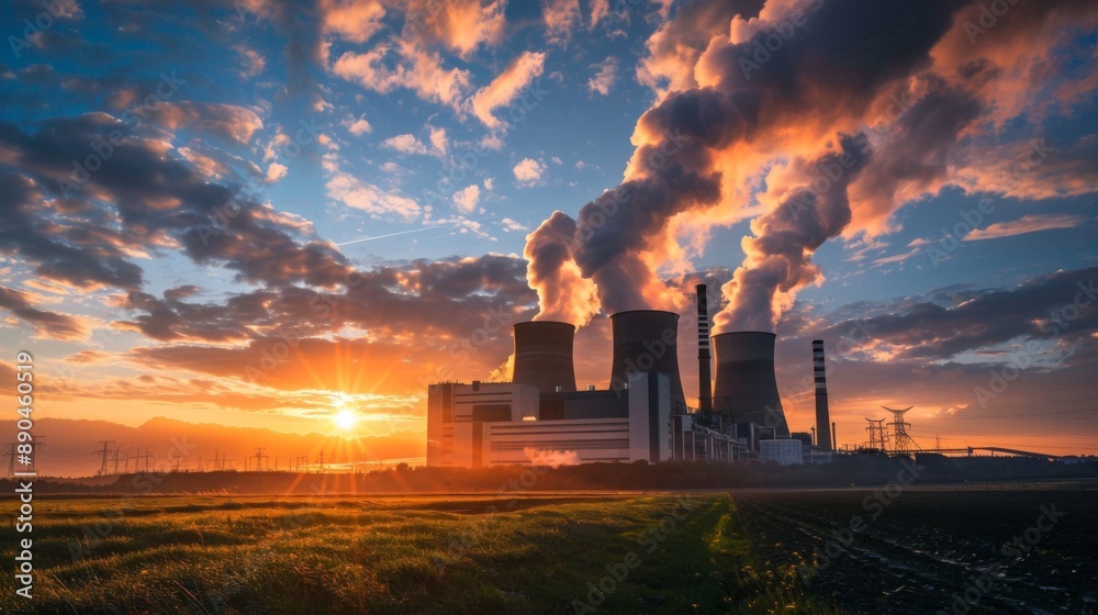 Wall mural A coal-fired power plant at sunset, with a dramatic sky and industrial landscape, emphasizing traditional energy sources