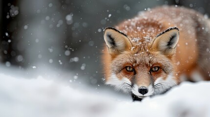 Fototapeta premium A snow-covered fox focuses ahead in a serene winter environment, capturing the calm essence of wildlife in a cold, snowy setting and showcasing the resilience and beauty of nature.