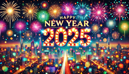 Happy New Year 2025 Over Cityscape with Fireworks