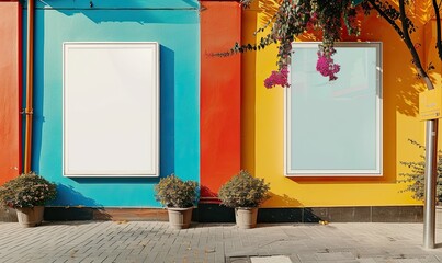 Two white posters are on a colorful wall