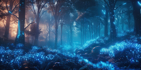 Fototapeta premium A beautiful bioluminescence Forest. Generative AI.