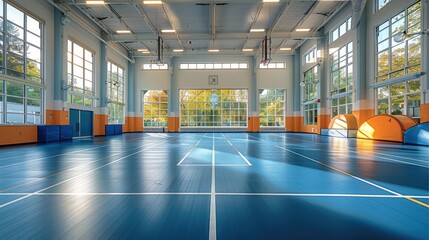 A gymnasium with thick, safety mats installed on the floor and walls. The mats are robust and designed to protect users, with a high level of padding and secure installation. Generative AI.