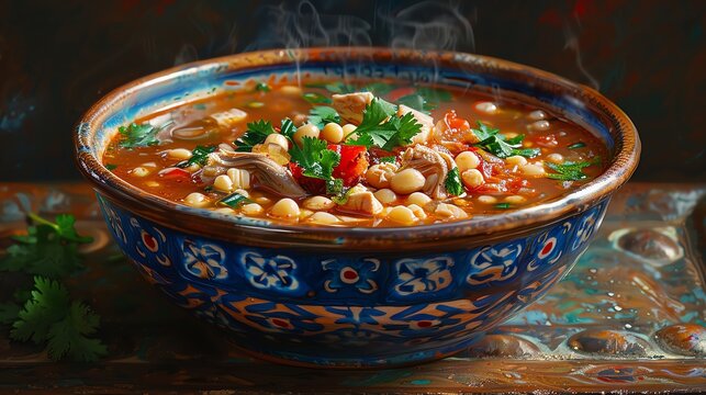 Capture a worms-eye view of a steaming bowl of Menudo soup with tripe and hominy, emphasizing rich textures and vibrant colors in a traditional oil painting style