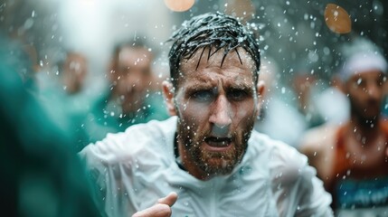 A close-up shot of a determined runner with intense focus, captured amidst splashing water droplets, conveying the passion, determination, and perseverance of the athletic spirit.