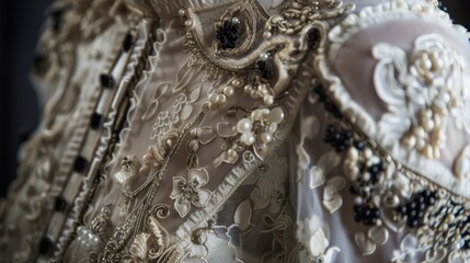 Obraz premium Close-up of a White Fabric with Beaded Embroidered Floral Design
