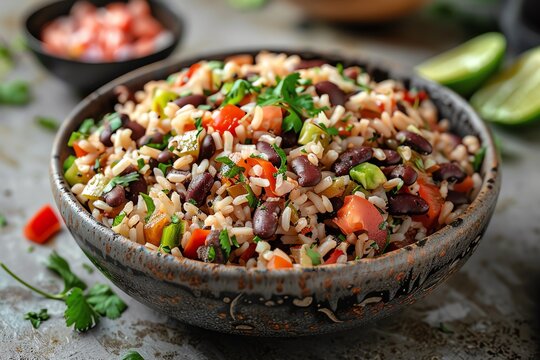 Craft a vibrant and appetizing representation of Gallo pinto from a tilted angle, highlighting the irresistible blend of colors and textures in a digital photorealistic style