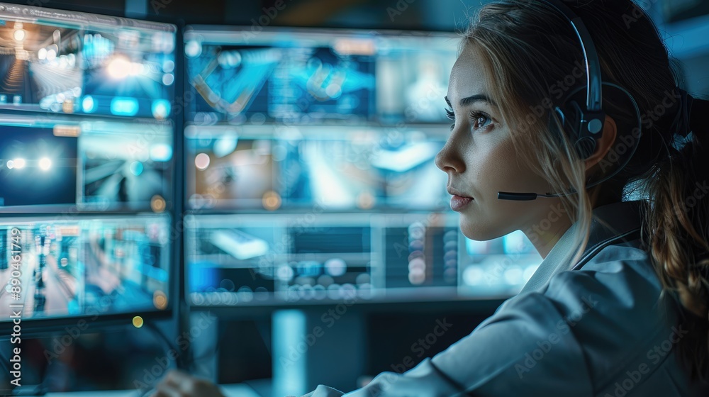 Fototapete a female security guard is sitting at the monitor of his dashboard, which shows two monitors with im