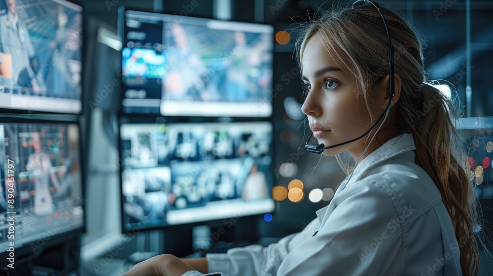 Poster A female security guard is sitting at the monitor of his dashboard, which shows two monitors with images from cameras and security systems in various buildings across. Generative AI.