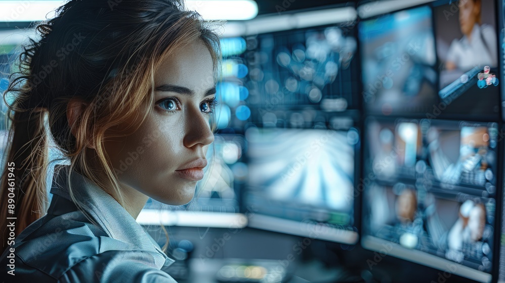 Aufkleber A female security guard is sitting at the monitor of his dashboard, which shows two monitors with images from cameras and security systems in various buildings across. Generative AI.