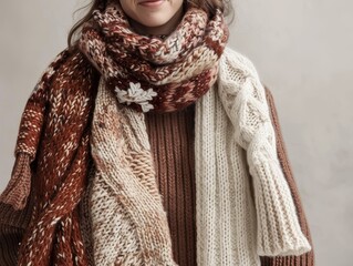 Closeup of a woman wearing a warm, cozy knitted scarf in brown, white, and red tones