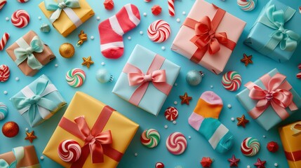 Obraz premium High definition flat lay image, gifts, socks, candy. At Christmas, minimalist style on a bright