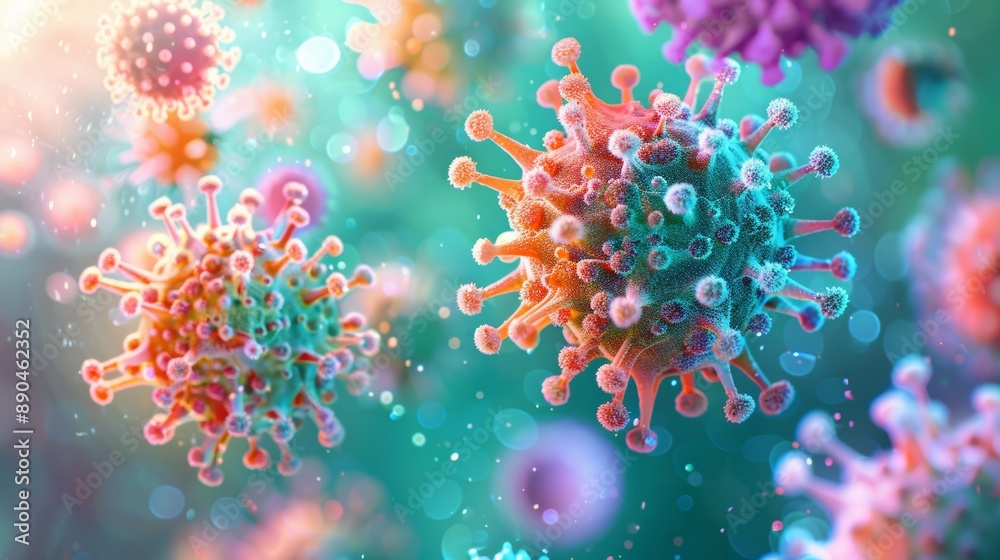 Wall mural colorful 3d rendering of microscopic viruses with spikes and a blurred background