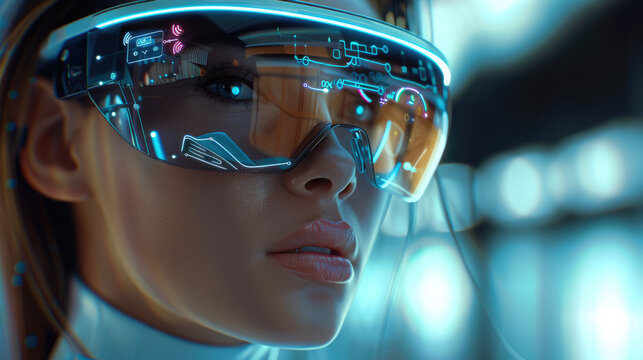 Woman wearing a heads up display, futuristic smart glasses, and a head mounted display. Generative AI.