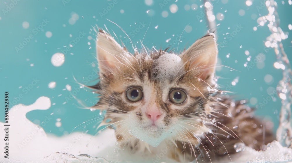 Poster a cute kitten with soapy fur getting rinsed under running water during bath time