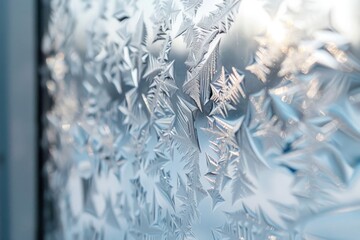 Realistic macro shot of frost on a window pane with intricate ice patterns