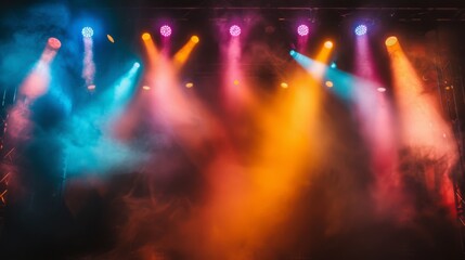 Obraz premium A dark and moody atmosphere with smoke illuminated by colorful stage lights during a concert