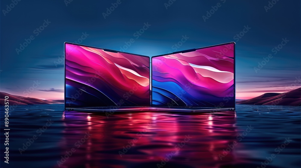 Poster Two laptops, with one screen facing forward and another placed at an angle of about three degrees to the right. In front of them are two laptop screens displaying colorful graphics. Generative AI.
