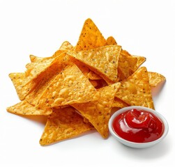 Tortilla Chips and Red Sauce on White Background