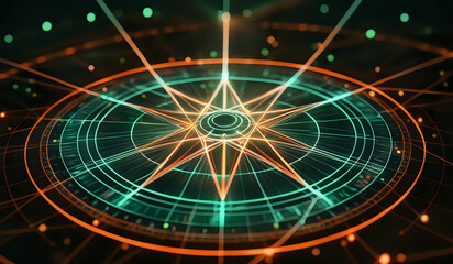 A holographic nautical compass on top of glowing lines representing network communication with sparkles of light in orange and green tones