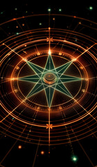 A holographic nautical compass on top of glowing lines representing network communication with sparkles of light in orange and green tones