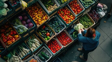 Woman selecting fresh cauliflower from an array of vibrant vegetables at a grocery store