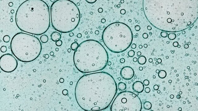Transparent Bubble cluster, cells under a microscope. Cosmetic gel fluid with molecule bubbles distribution. The medicine concept, health care, treatment. Skin care product. Advertising of product. 4k