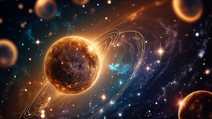 Golden planet surrounded by zodiac signs and glowing stars in a dark space. Suitable for astrology, celestial themes, and astronomy projects.