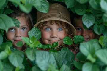 Three Children Hiding In Green Bushes