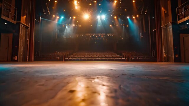 Detailed view of the expansive stage which can accommodate multiple performers or a large set for theatrical productions.